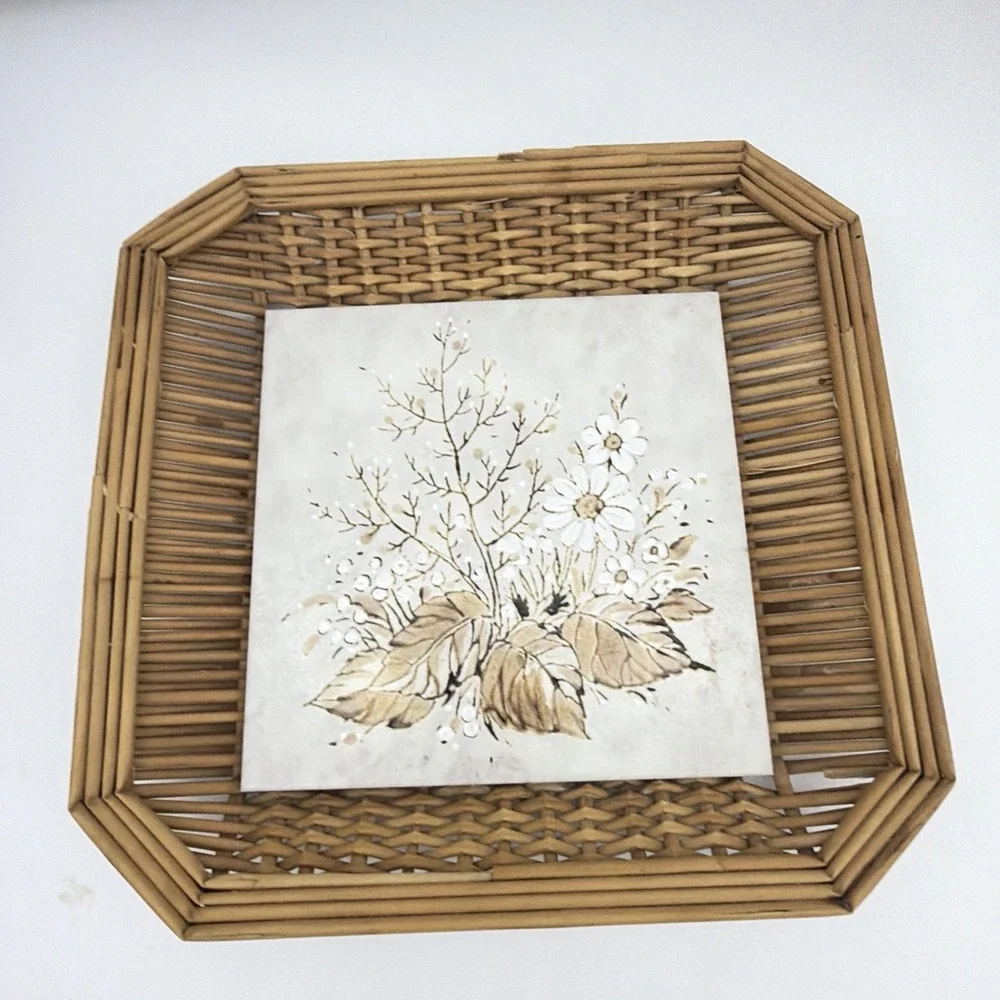 Vtg Boho Wicker Rattan Basket Octagonal Floral Tile Decorative Catch All MCM